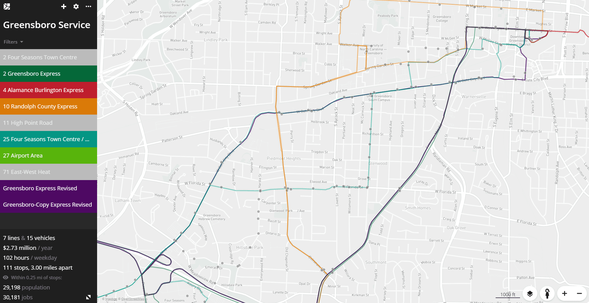 Screenshot of route of Greensboro