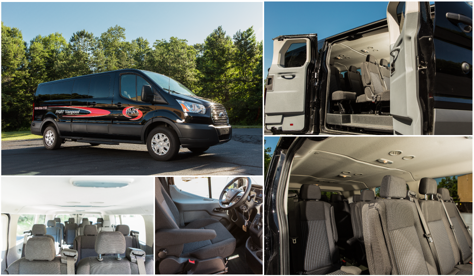 Collage of images of black 15 Passenger Van and interior